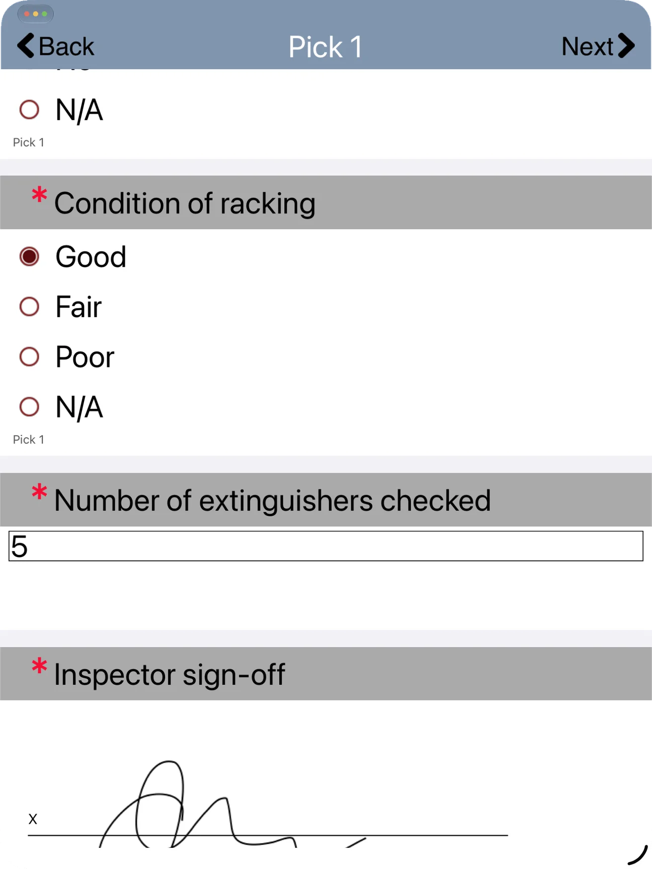 iSURVEY site inspection survey showing racking condition, extinguisher count and inspector signature